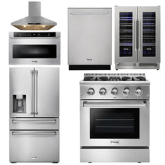 Thor Kitchen Package - 30 In. Propane Gas Burner/Electric Oven Range, Range Hood, Microwave Drawer, Refrigerator, Dishwasher, Wine Cooler