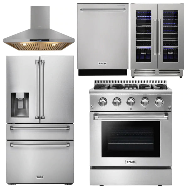 Thor Kitchen Package - 30 In. Propane Gas Burner/Electric Oven Range, Range Hood, Refrigerator with Water and Ice Dispenser, Dishwasher, Wine Cooler