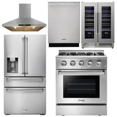 Thor Kitchen Package - 30 In. Gas Burner/Electric Oven Range, Range Hood, Refrigerator with Water and Ice Dispenser, Dishwasher, Wine Cooler
