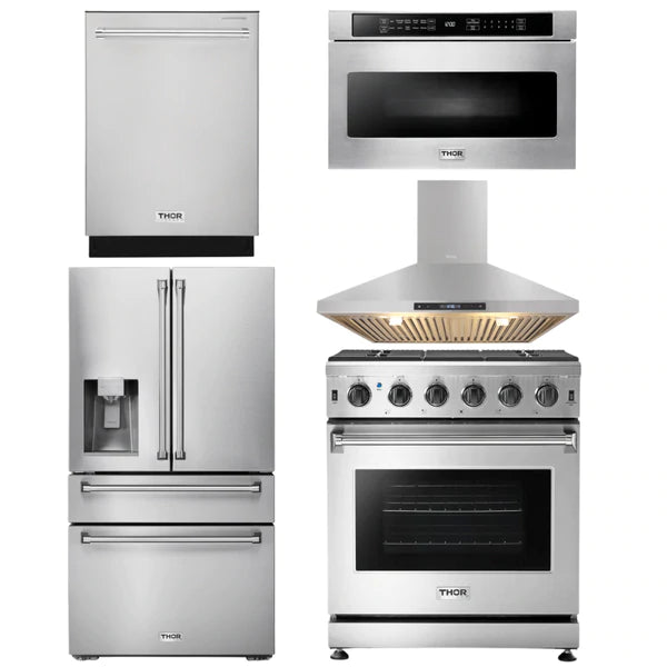 Thor Kitchen Package - 30 in. Propane Gas Range, Range Hood, Microwave Drawer, Refrigerator with Water and Ice Dispenser, Dishwasher