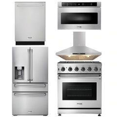 Thor Kitchen Package - 30 in. Propane Gas Range, Range Hood, Microwave Drawer, Refrigerator with Water and Ice Dispenser, Dishwasher