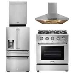 Thor Kitchen Package - 30 In. Propane Gas Range, Range Hood, Refrigerator with Water and Ice Dispenser, Dishwasher