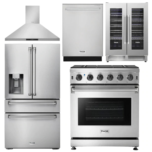 Thor Kitchen Package - 30 in. Gas Range, Range Hood, Refrigerator with Water and Ice Dispenser, Dishwasher, Wine Cooler