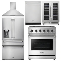 Thor Kitchen Package - 30 in. Gas Range, Range Hood, Refrigerator with Water and Ice Dispenser, Dishwasher, Wine Cooler