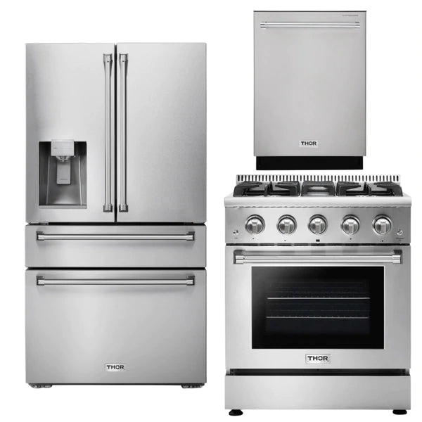 Thor Kitchen Package - 30 In. Gas Range, Refrigerator with Water and Ice Dispenser, Dishwasher