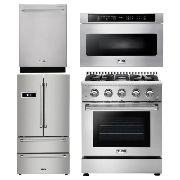 Thor Kitchen Package - 30 in. Professional Natural Gas Range, Microwave Drawer, Refrigerator, Dishwasher