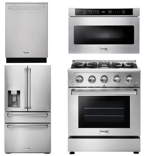 Thor Kitchen Package - 30 In. Propane Gas Range, Microwave Drawer, Refrigerator with Water and Ice Dispenser, Dishwasher