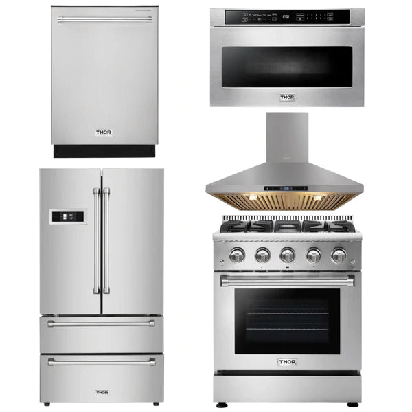 Thor Kitchen Package - 30 in. Professional Natural Gas Range, Range Hood, Microwave Drawer, Refrigerator, Dishwasher