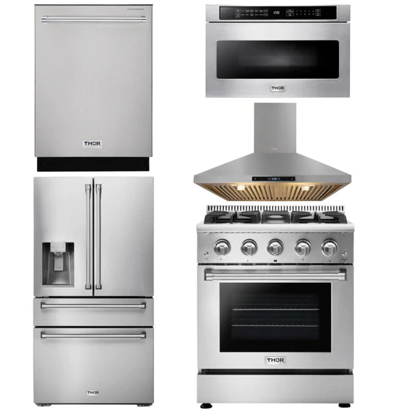 Thor Kitchen Package - 30 In. Professional Gas Range, Range Hood, Microwave Drawer, Refrigerator with Water and Ice Dispenser, Dishwasher