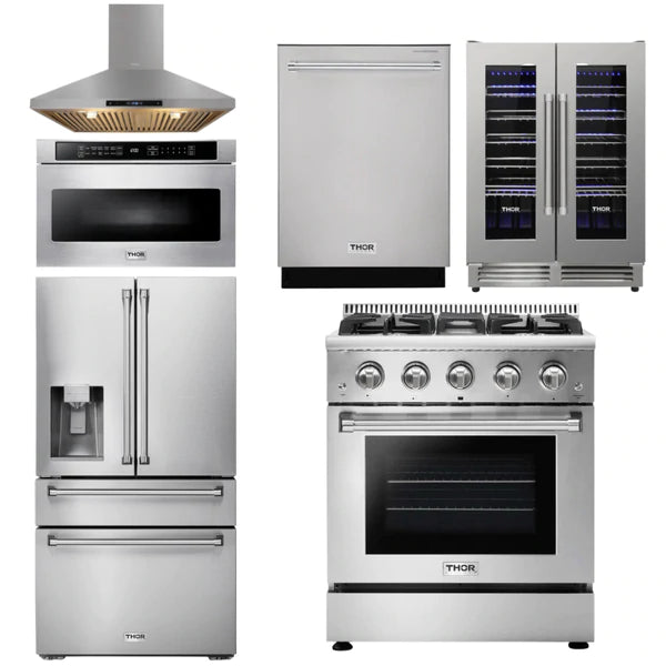 Thor Kitchen Package - 30 In. Propane Gas Range, Range Hood, Microwave Drawer, Refrigerator, Dishwasher, Wine Cooler