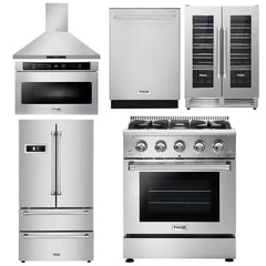 Thor Kitchen Package - 30 in. Professional Propane Gas Range, Range Hood, Microwave Drawer, Refrigerator, Dishwasher & Wine Cooler