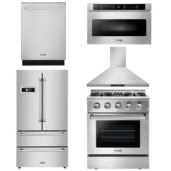Thor Kitchen Package - 30 in. Propane Gas Burner/Electric Oven Range, Range Hood, Microwave Drawer, Refrigerator, Dishwasher