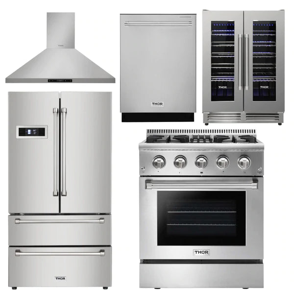Thor Kitchen Package - 30 in. Propane Gas Burner/Electric Oven Range, Range Hood, Refrigerator, Dishwasher, Wine Cooler,
