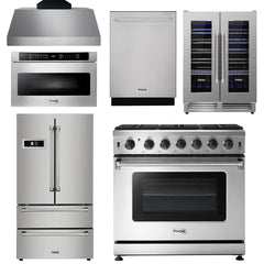 Thor Kitchen 6-Piece Pro Appliance Package - 30" Dual Fuel Range, French Door Refrigerator, Under Cabinet Hood, Dishwasher, Microwave Drawer, and Wine Cooler in Stainless Steel