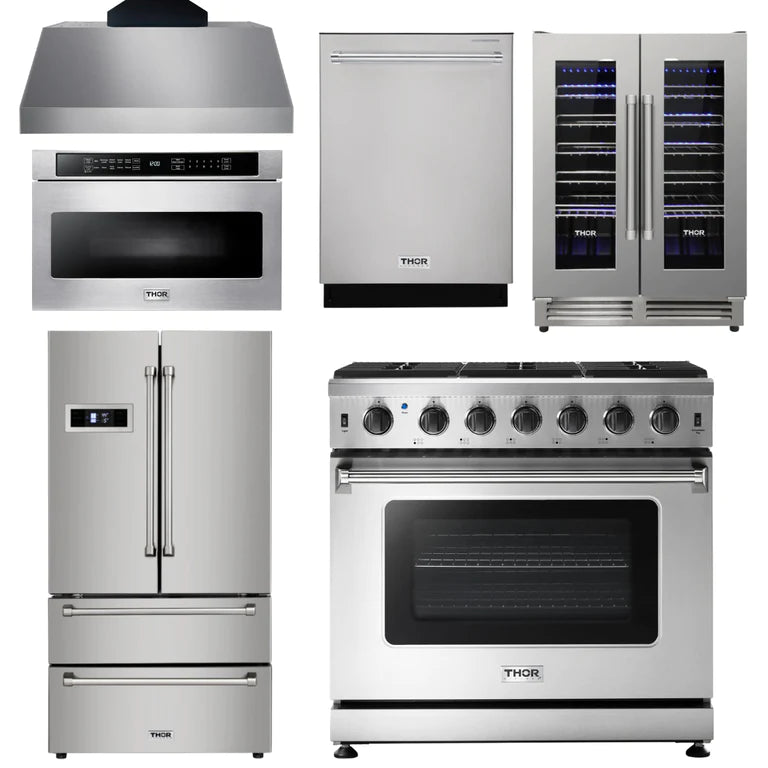 Thor Kitchen 6-Piece Pro Appliance Package - 36" Dual Fuel Range, French Door Refrigerator, Under Cabinet Hood, Dishwasher, Microwave Drawer, and Wine Cooler in Stainless Steel