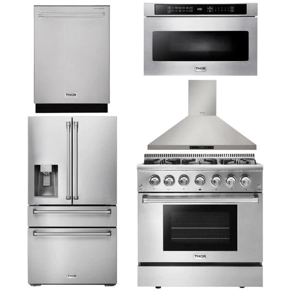 Thor Kitchen Package - 36 in. Propane Gas Burner/Electric Oven Range, Range Hood, Microwave Drawer, Refrigerator with Water and Ice Dispenser, Dishwasher