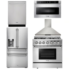 Thor Kitchen Package - 36 in. Propane Gas Burner/Electric Oven Range, Range Hood, Microwave Drawer, Refrigerator with Water and Ice Dispenser, Dishwasher
