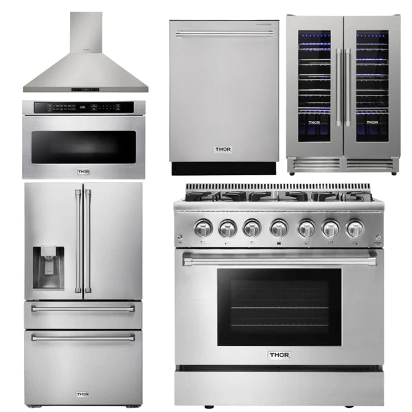 Thor Kitchen Package - 36 in. Gas Burner/Electric Oven Range, Range Hood, Microwave Drawer, Refrigerator with Water and Ice Dispenser, Dishwasher, Wine Cooler