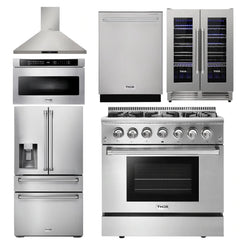 Thor Kitchen Package - 36 in. Gas Burner/Electric Oven Range, Range Hood, Microwave Drawer, Refrigerator with Water and Ice Dispenser, Dishwasher, Wine Cooler