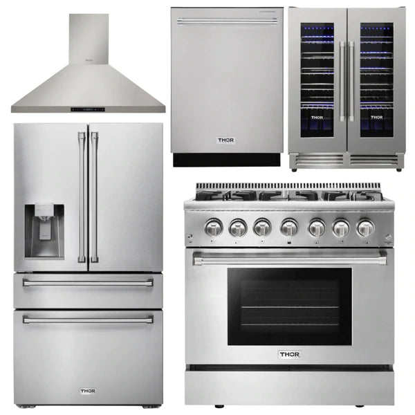 Thor Kitchen Package - 36 In. Gas Burner/Electric Oven Range, Range Hood, Refrigerator with Water and Ice Dispenser, Dishwasher, Wine Cooler
