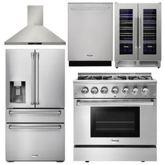 Thor Kitchen Package - 36 In. Gas Burner/Electric Oven Range, Range Hood, Refrigerator with Water and Ice Dispenser, Dishwasher, Wine Cooler
