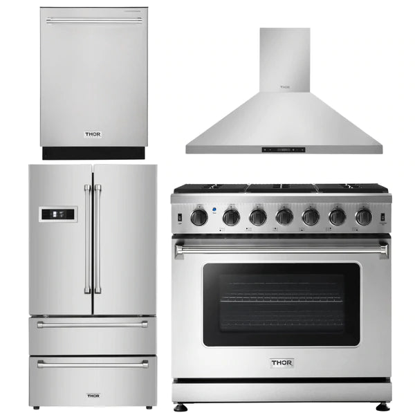 Thor Kitchen Package - 36 in. GAS Range, Range Hood, Refrigerator & Dishwasher, AP-LRG3601U-3