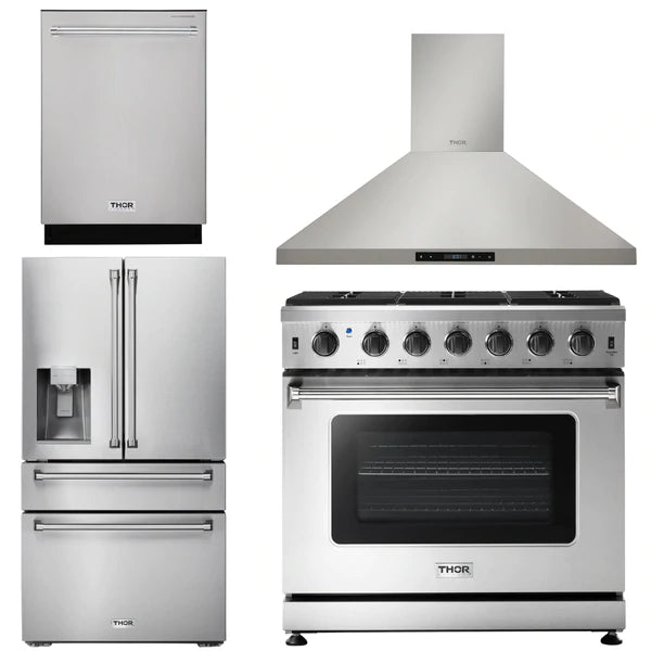 Thor Kitchen Package - 36 in. Propane Gas Range, Range Hood, Refrigerator with Water and Ice Dispenser, Dishwasher