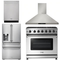 Thor Kitchen Package - 36 in. Propane Gas Range, Range Hood, Refrigerator with Water and Ice Dispenser, Dishwasher
