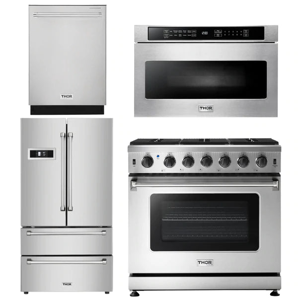 Thor Kitchen Package - 36 in. Natural Gas Range, Microwave Drawer, Refrigerator, Dishwasher