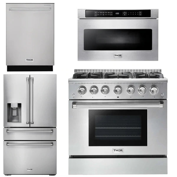Thor Kitchen Package - 36 in. Natural Gas Range, Microwave Drawer, Refrigerator with Water and Ice Dispenser, Dishwasher