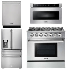 Thor Kitchen Package - 36 in. Natural Gas Range, Microwave Drawer, Refrigerator with Water and Ice Dispenser, Dishwasher