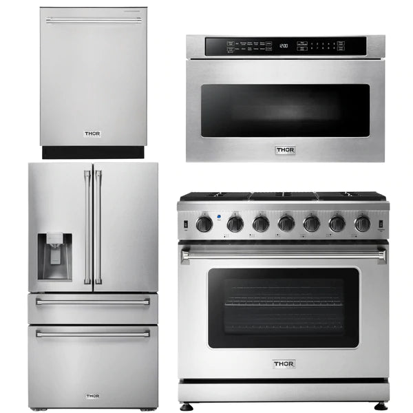 Thor Kitchen Package - 36 in. Propane Gas Range, Microwave Drawer, Refrigerator with Water and Ice Dispenser, Dishwasher