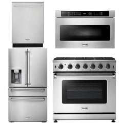 Thor Kitchen Package - 36 in. Propane Gas Range, Microwave Drawer, Refrigerator with Water and Ice Dispenser, Dishwasher