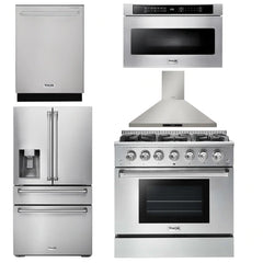 Thor Kitchen Package - 36 in. Propane Gas Range, Range Hood, Microwave Drawer, Refrigerator with Water and Ice Dispenser, Dishwasher