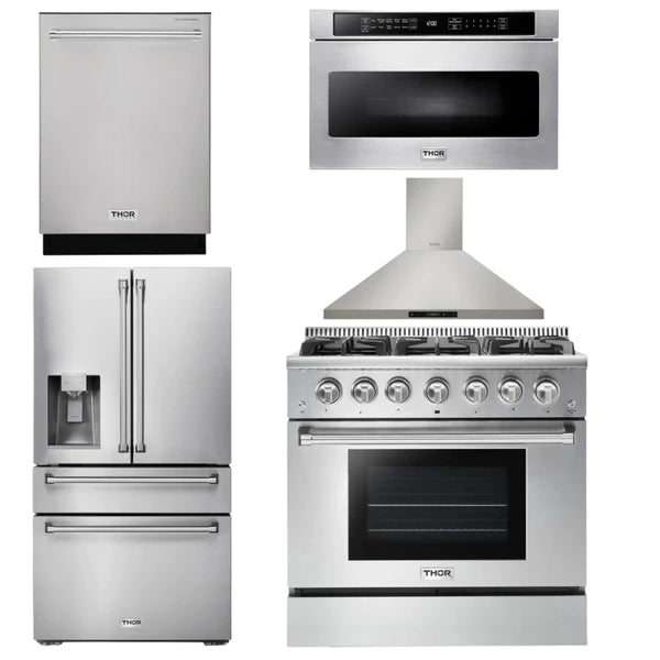 Thor Kitchen Package - 36 In. Gas Range, Range Hood, Microwave Drawer, Refrigerator with Water and Ice Dispenser, Dishwasher