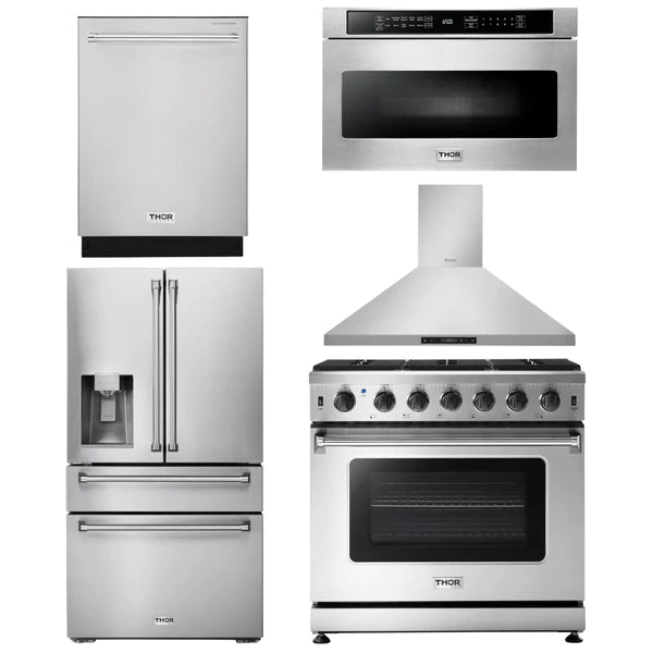 Thor Kitchen Package - 36 in. Natural Gas Range, Range Hood, Microwave Drawer, Refrigerator with Water and Ice Dispenser, Dishwasher