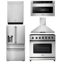 Thor Kitchen Package - 36 in. Natural Gas Range, Range Hood, Microwave Drawer, Refrigerator with Water and Ice Dispenser, Dishwasher