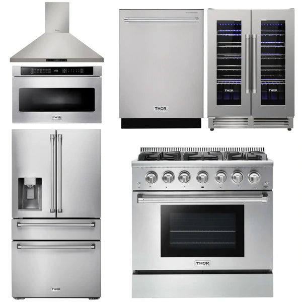 Thor Kitchen Package - 36 In. Propane Gas Range, Range Hood, Microwave Drawer, Refrigerator with Water and Ice Dispenser, Dishwasher, Wine Cooler