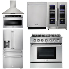 Thor Kitchen Package - 36 In. Propane Gas Range, Range Hood, Microwave Drawer, Refrigerator with Water and Ice Dispenser, Dishwasher, Wine Cooler
