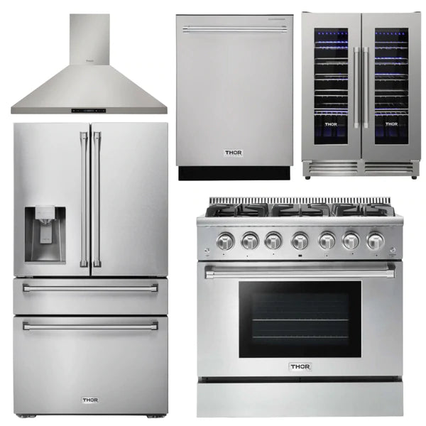 Thor Kitchen Package - 36 in. Propane Gas Range, Range Hood, Refrigerator with Water and Ice Dispenser, Dishwasher, Wine Cooler