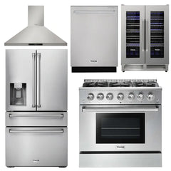 Thor Kitchen Package - 36 in. Propane Gas Range, Range Hood, Refrigerator with Water and Ice Dispenser, Dishwasher, Wine Cooler