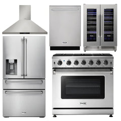Thor Kitchen Package - 36 in. Natural Gas Range, Range Hood, Refrigerator with Water and Ice Dispenser, Dishwasher, Wine Cooler