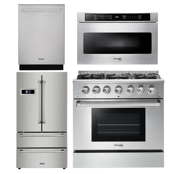 Thor Kitchen Package 36 in. Propane Gas Range Microwave Drawer Refrigerator Dishwasher