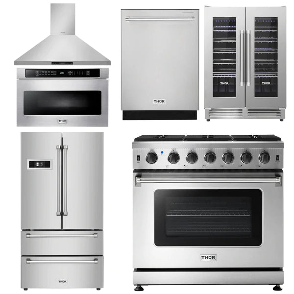 Thor Kitchen Package - 36 in. Propane Gas Range, Range Hood, Microwave Drawer, Refrigerator, Dishwasher, Wine Cooler