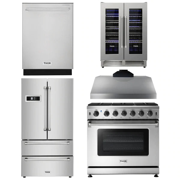 Thor Kitchen Package - 36 in. Propane Gas Range, Range Hood, Refrigerator, Dishwasher, Wine Cooler