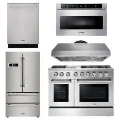 Thor Kitchen Package - 48 In. Propane Gas Burner/Electric Oven Range, Range Hood, Refrigerator, Dishwasher, Microwave Drawer