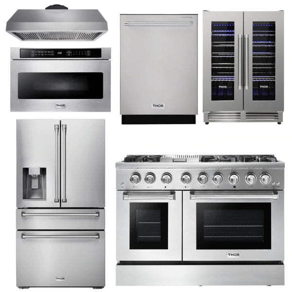 Thor Kitchen Package - 48 In. Propane Gas Burner, Electric Oven Range, Range Hood, Refrigerator, Microwave Drawer, Wine Cooler