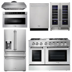 Thor Kitchen Package - 48 In. Propane Gas Burner, Electric Oven Range, Range Hood, Refrigerator, Microwave Drawer, Wine Cooler