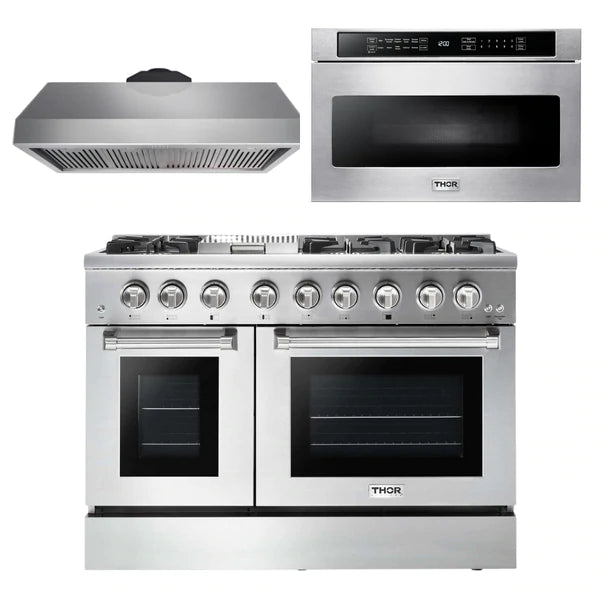 Thor Kitchen Package - 48 in. Gas Burner/Electric Oven Range, Range Hood, Microwave Drawer