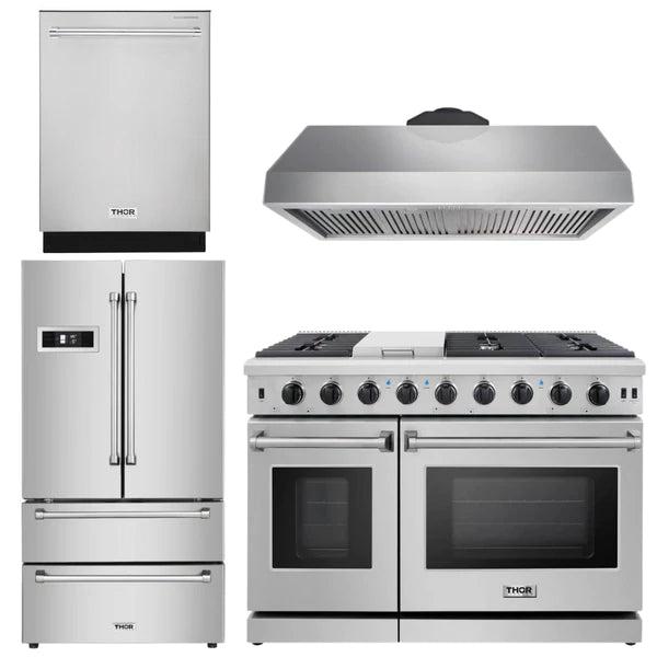 Thor Kitchen Package - 48 in. Gas Range, Range Hood, Dishwasher, Refrigerator